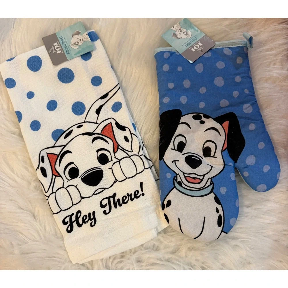 Disney 101 Dalmatians Kitchen Set New Towel and Oven Mitt Blue Polka Dot Puppy
